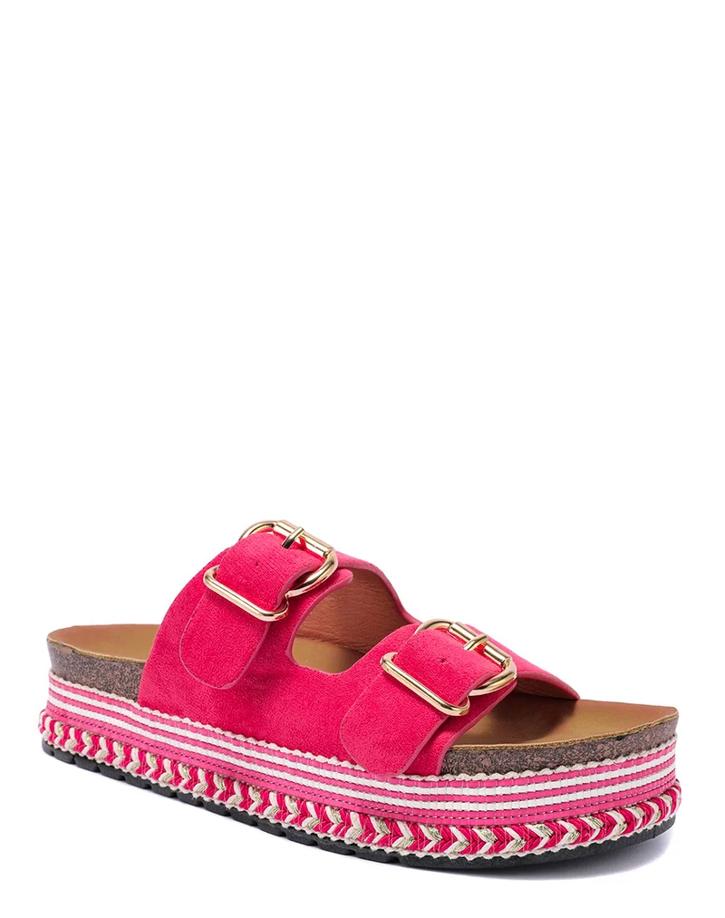 Mules plates fushia à double bride et semelle aztèque