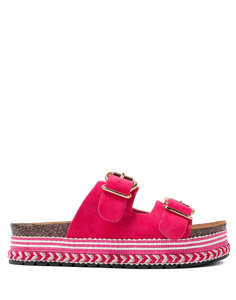 Mules plates fushia à double bride et semelle aztèque