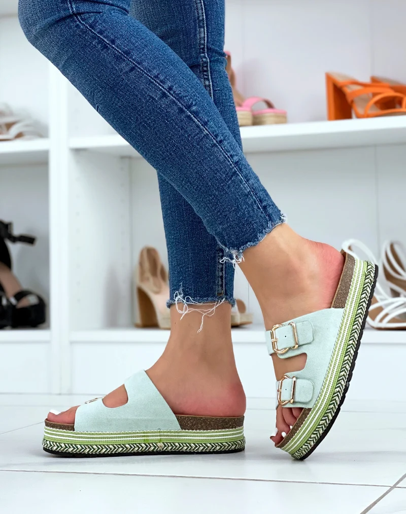 Mules plates vert d?eau ? double bride et semelle azt?que