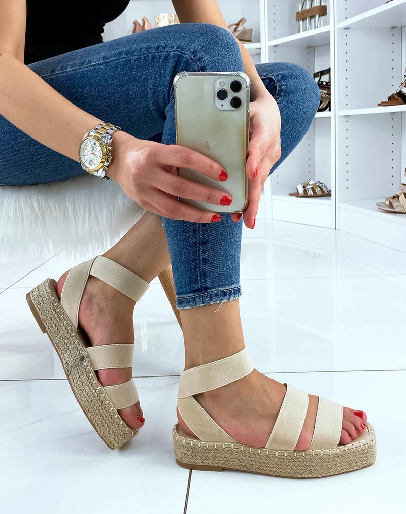 Sandales compensées beiges à brides élastiques