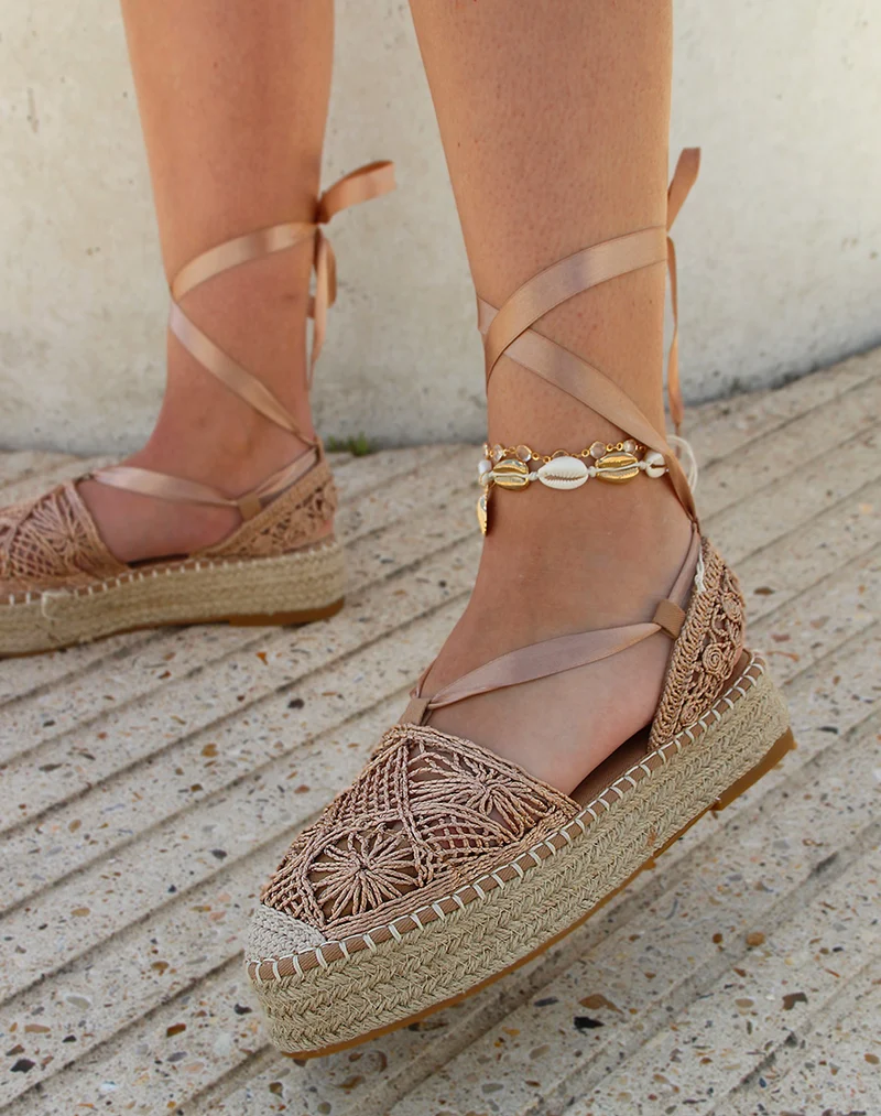 Espadrilles rose gold à talon en jute