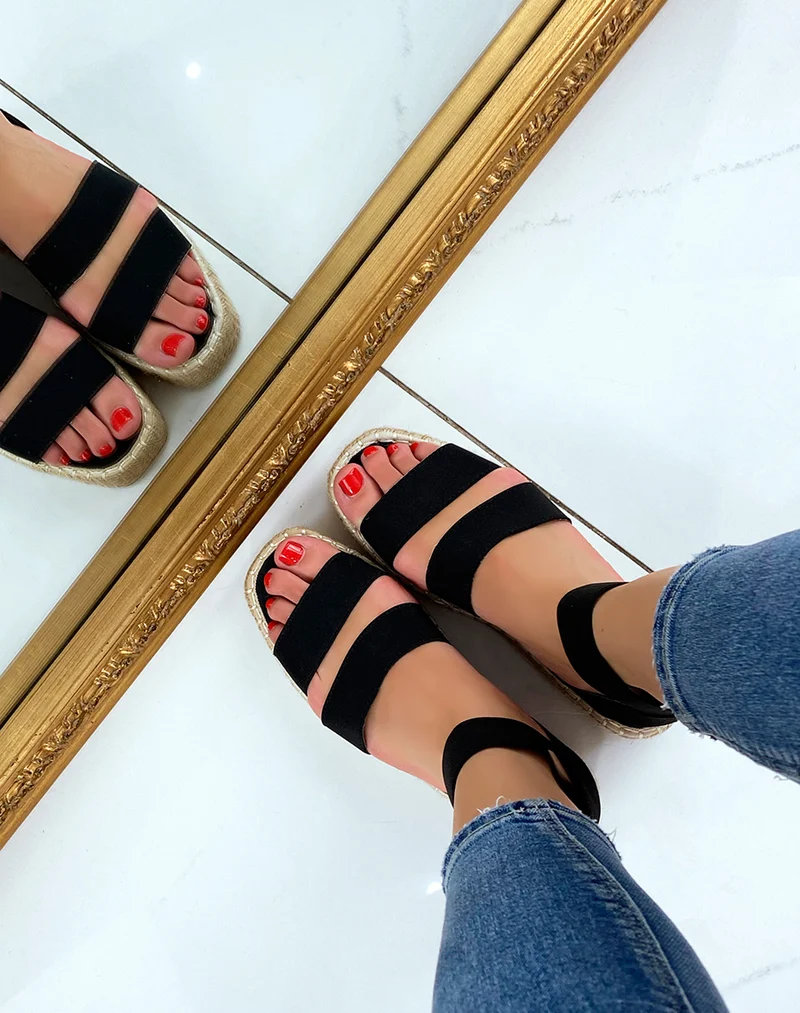 Sandales compensées noires à brides élastiques