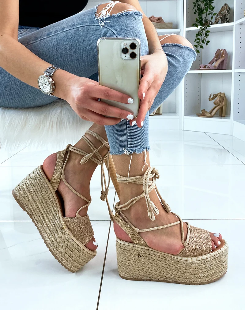 Compensées en toile de jute à longue lanière
