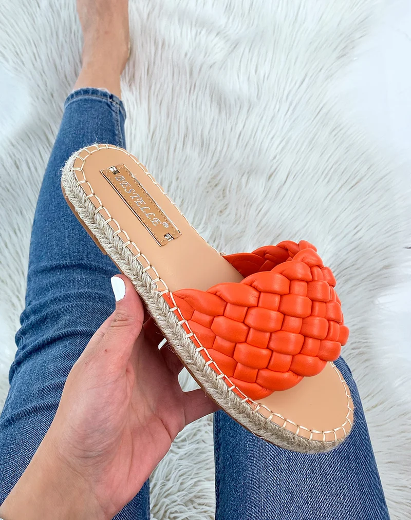 Mules oranges tressées à semelle en jute