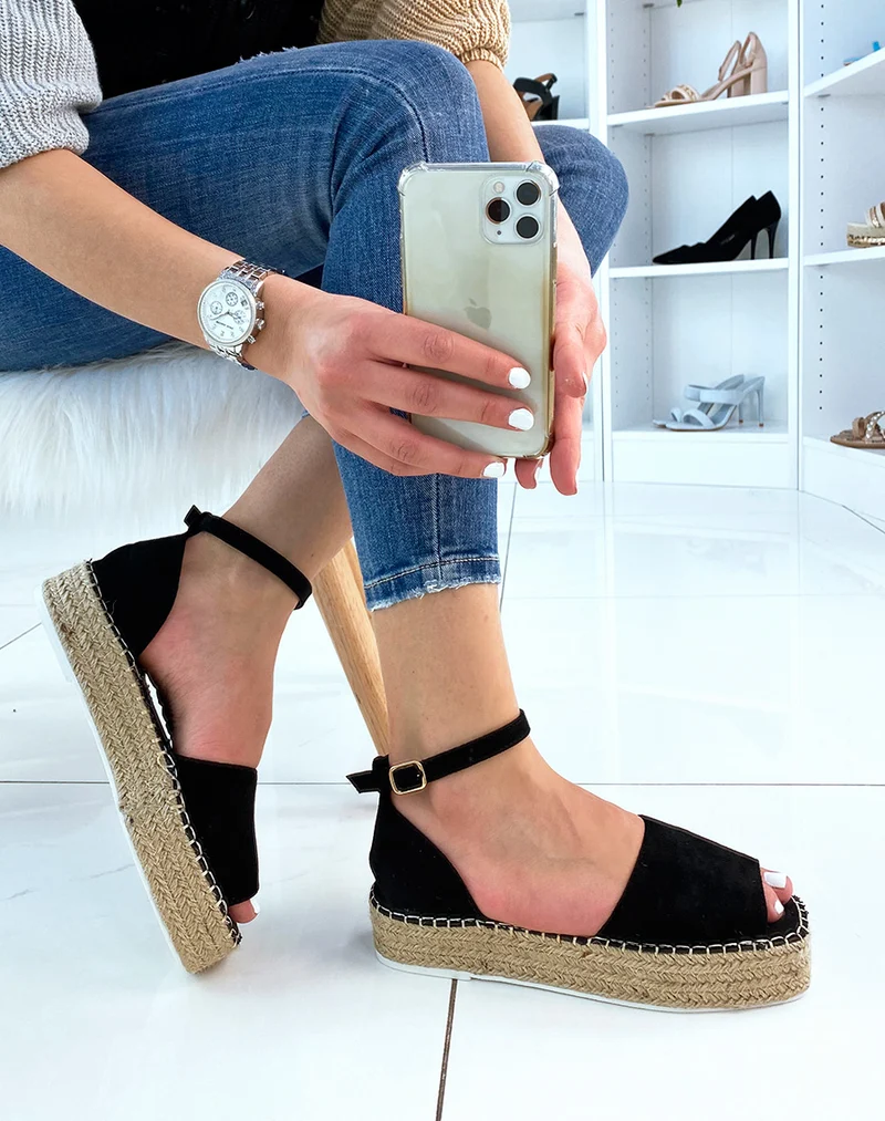 Espadrilles noires à bout ouvert et talon compensé