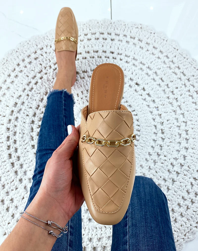 Mule style mocassin camel en simili cuir