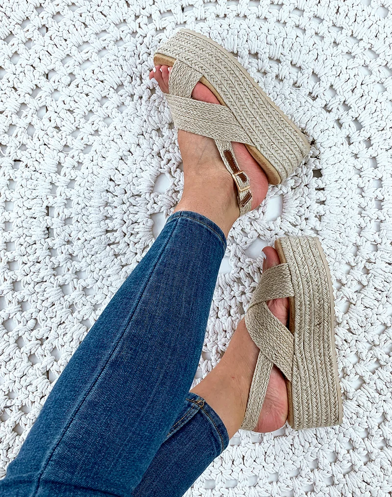 Espadrilles compensées en raphia beige