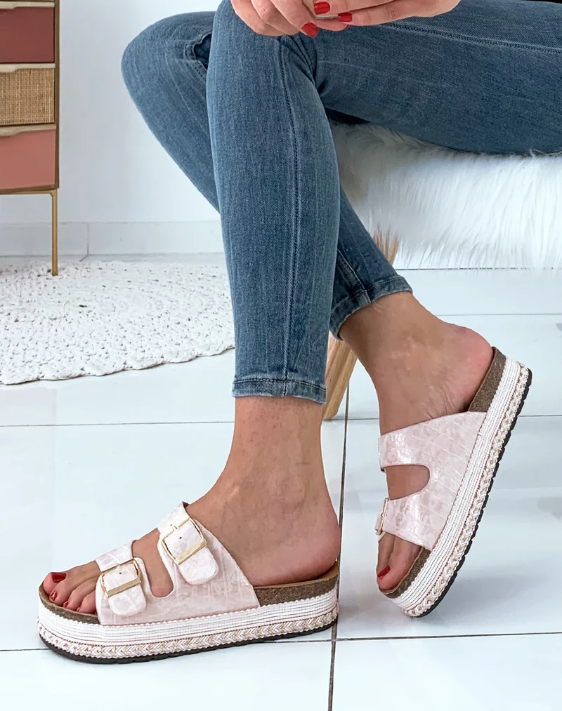 Nu-pied roses à semelle plateforme style ethnique