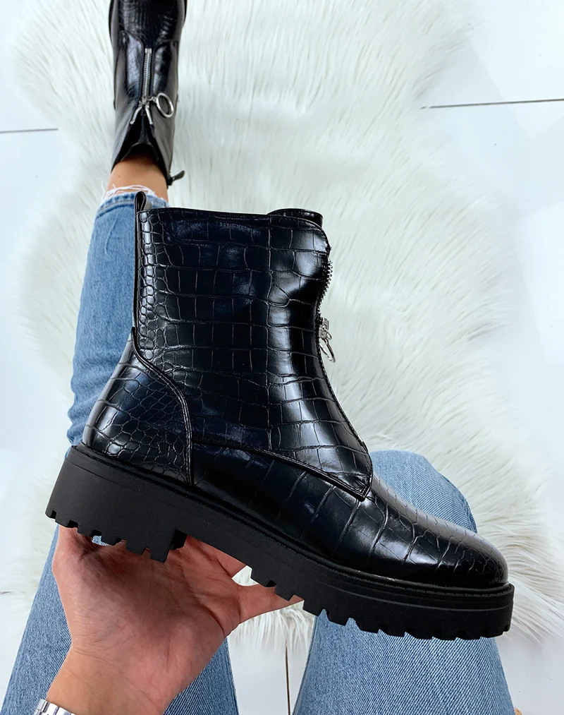 Bottines montantes effet croco noir à zip