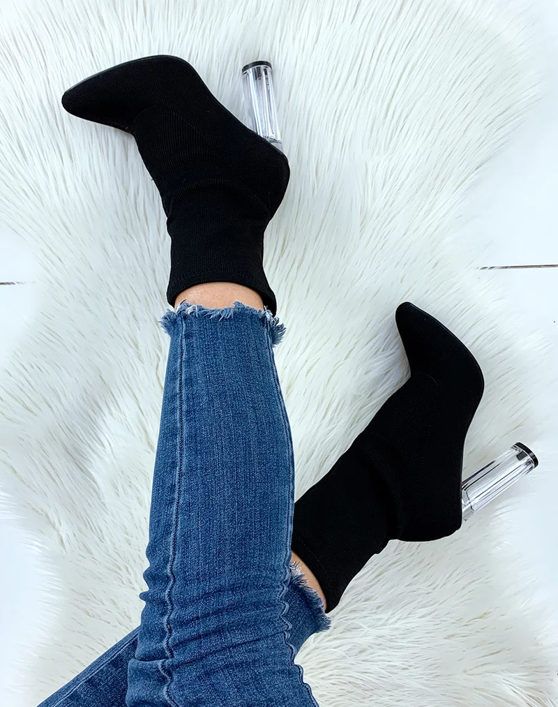 Bottines à talon en tissu noir effet chaussette