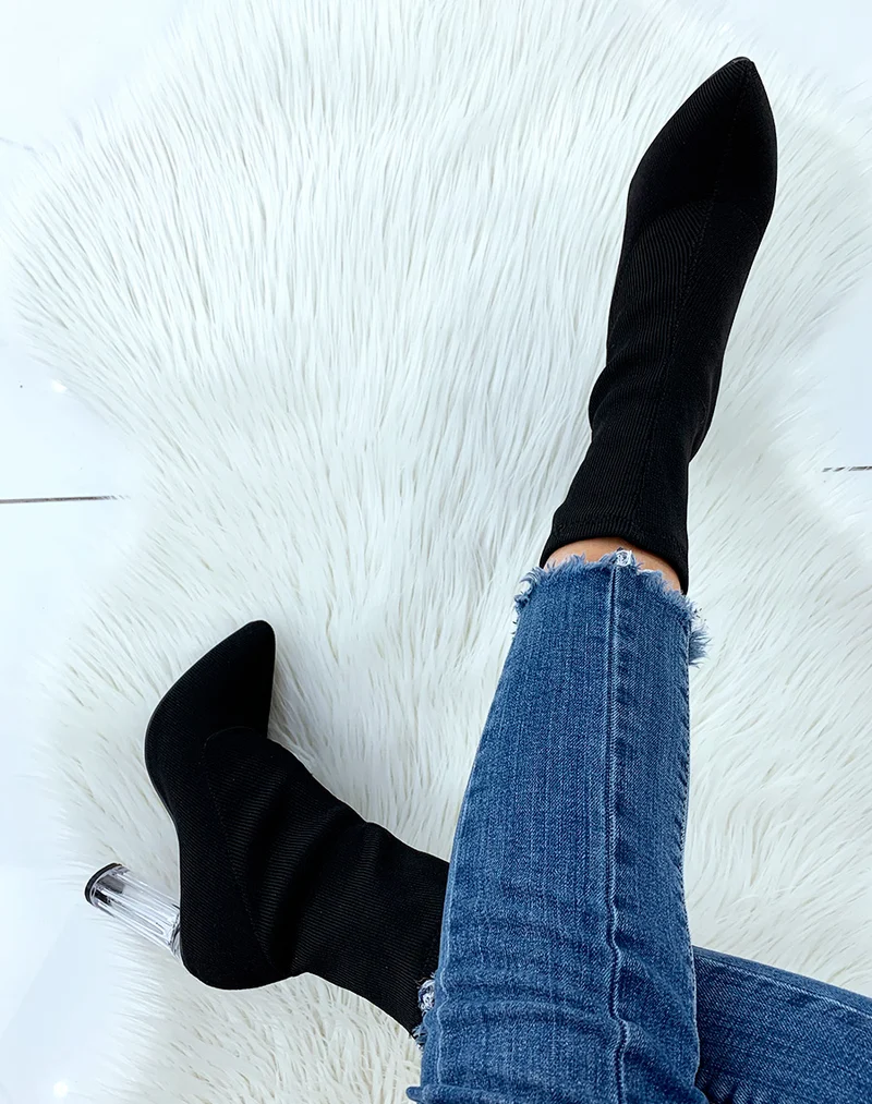 Bottines à talon en tissu noir effet chaussette