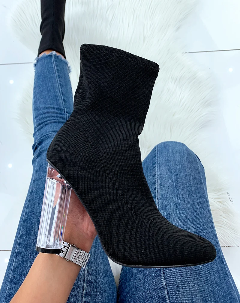 Bottines à talon en tissu noir effet chaussette
