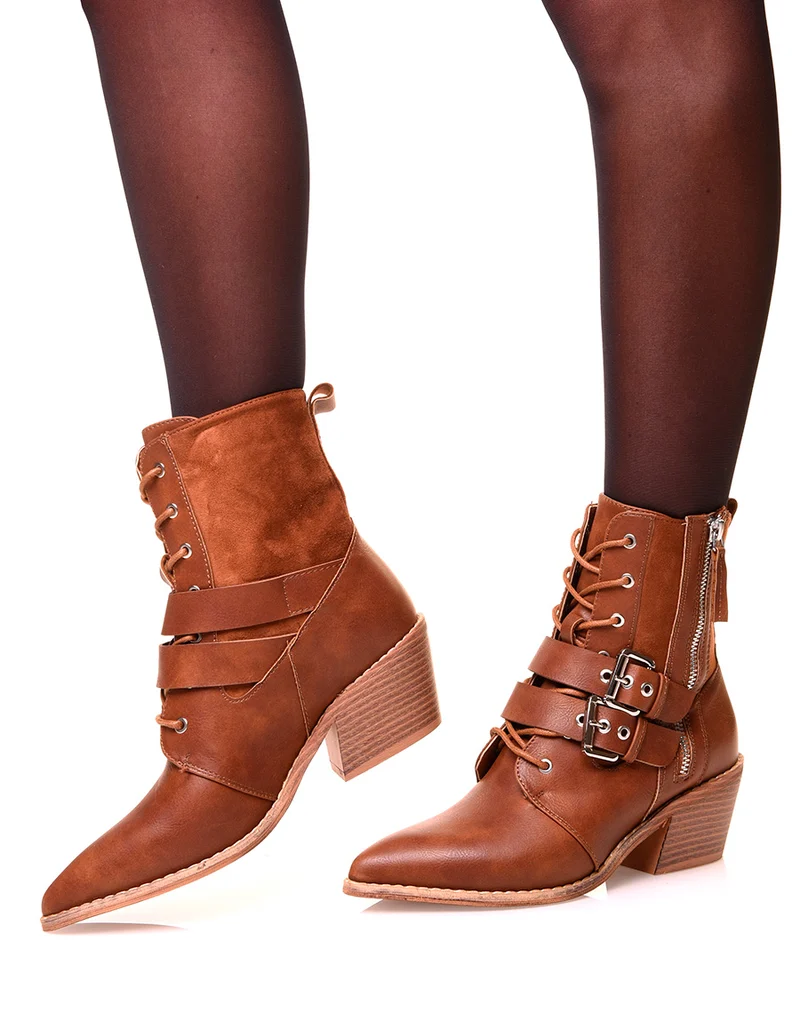 Bottines camel à lacets et à talons biseautés bi-matières