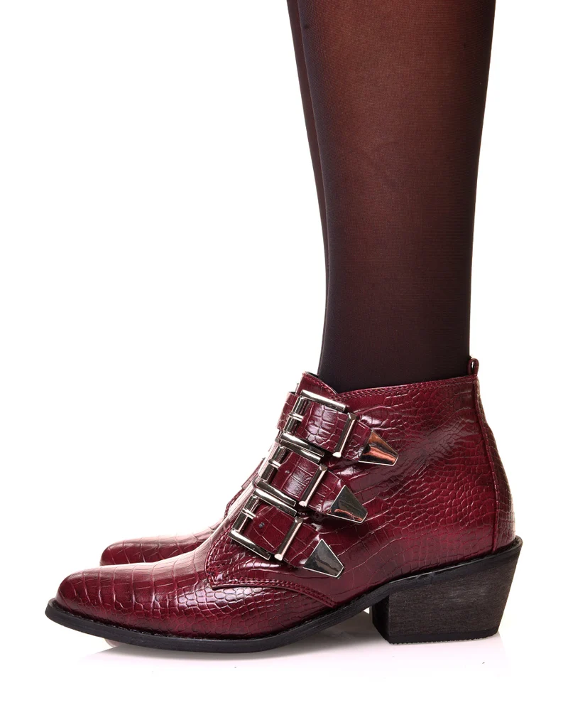 Santiags à talon bordeaux à multiple bride effet croco