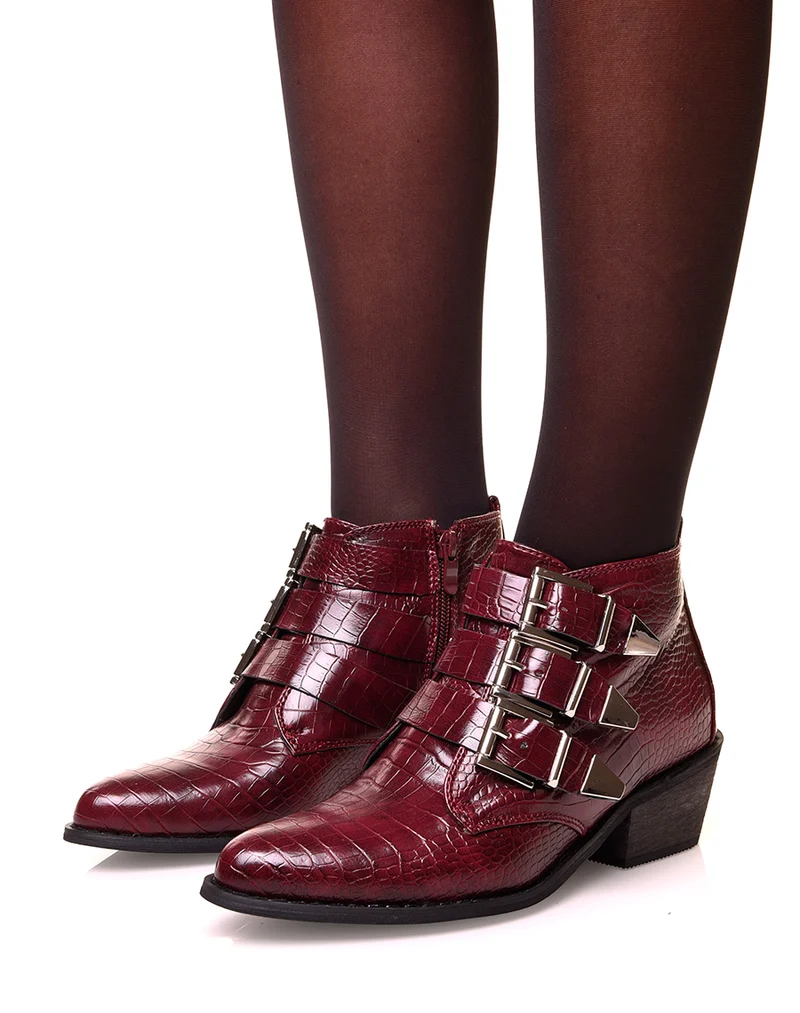 Santiags à talon bordeaux à multiple bride effet croco