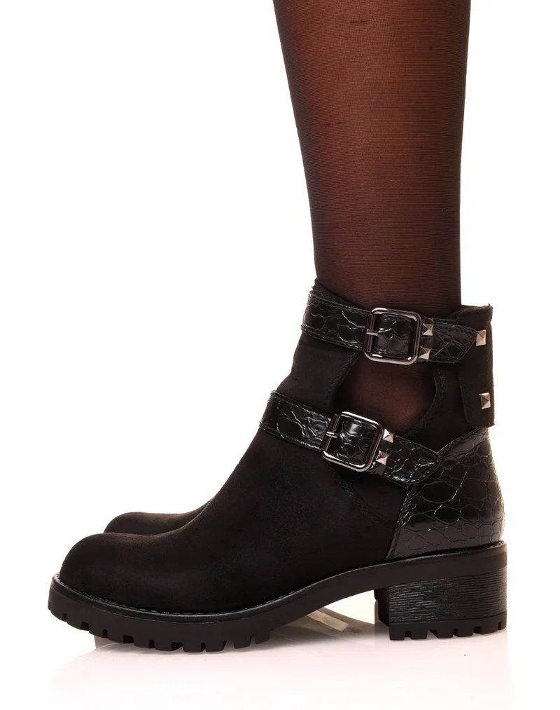 Bottines noires en suédine crantées à boucles