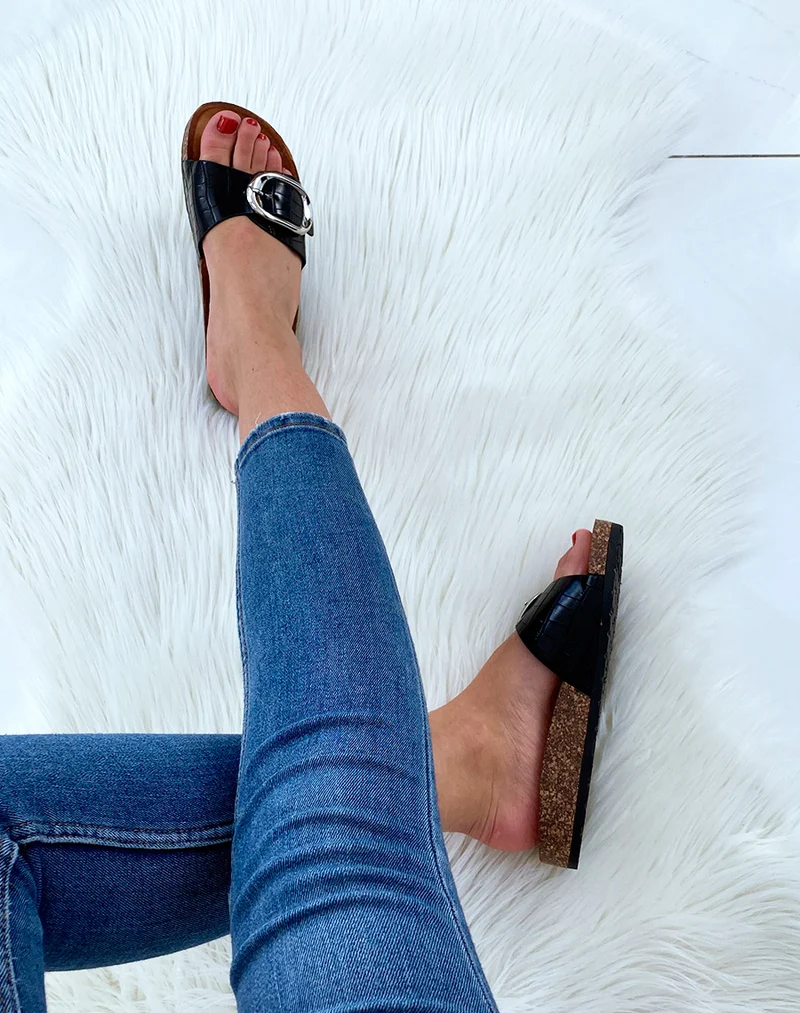 Mules noires effet croco à boucles et à semelles anatomiques