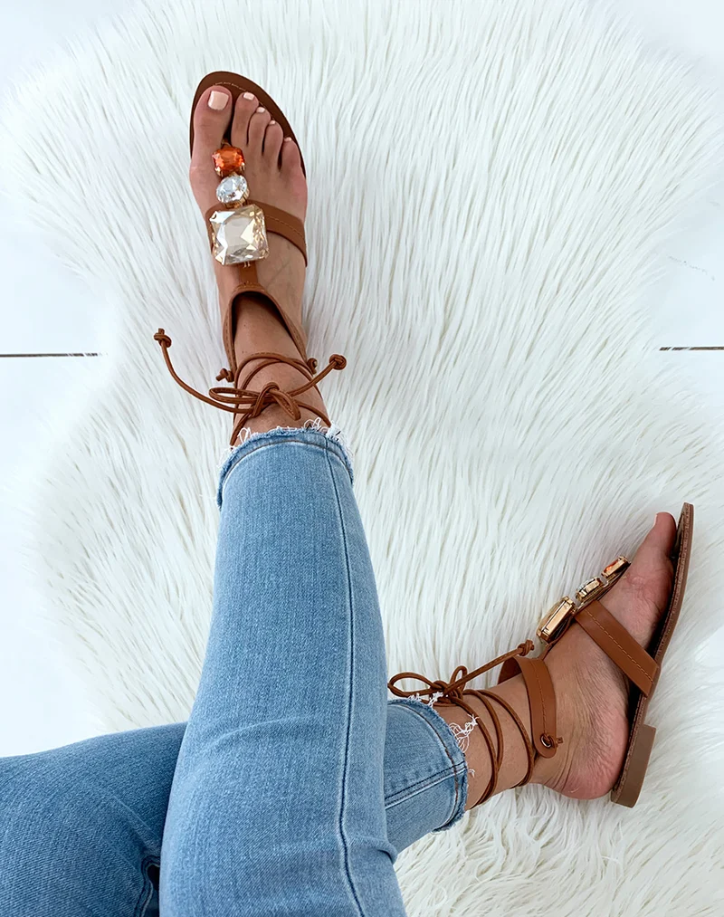 Nu-pieds camel à strass