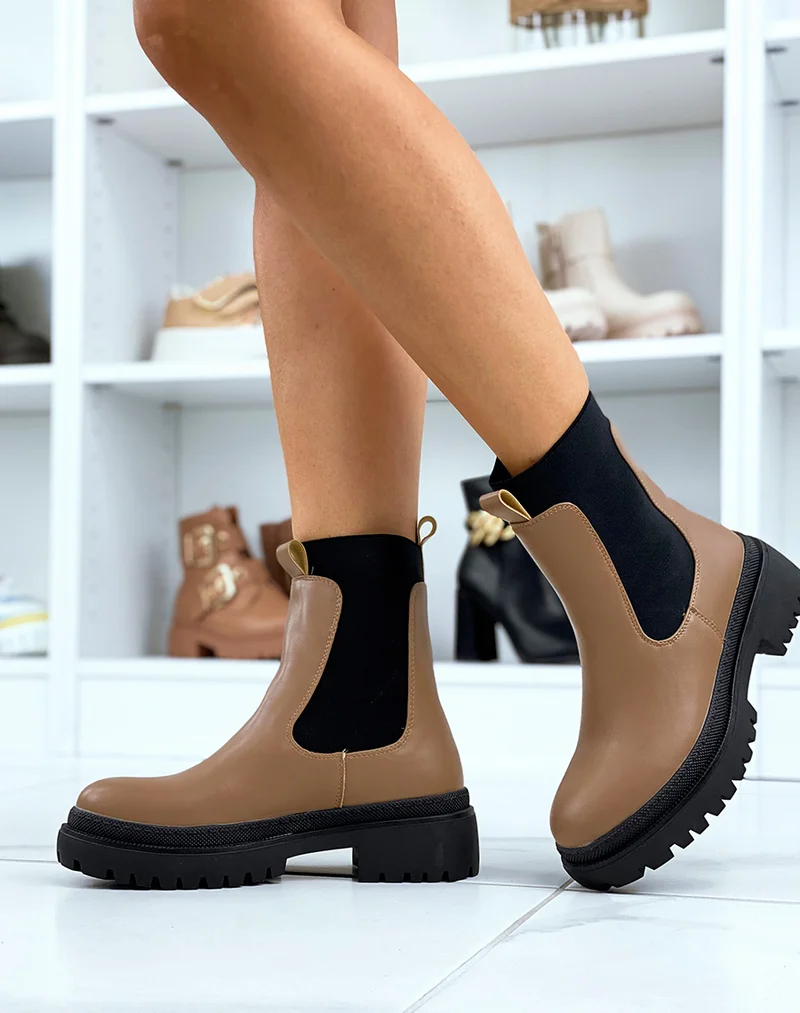 Bottines marron foncé style chelsea à élastique montant