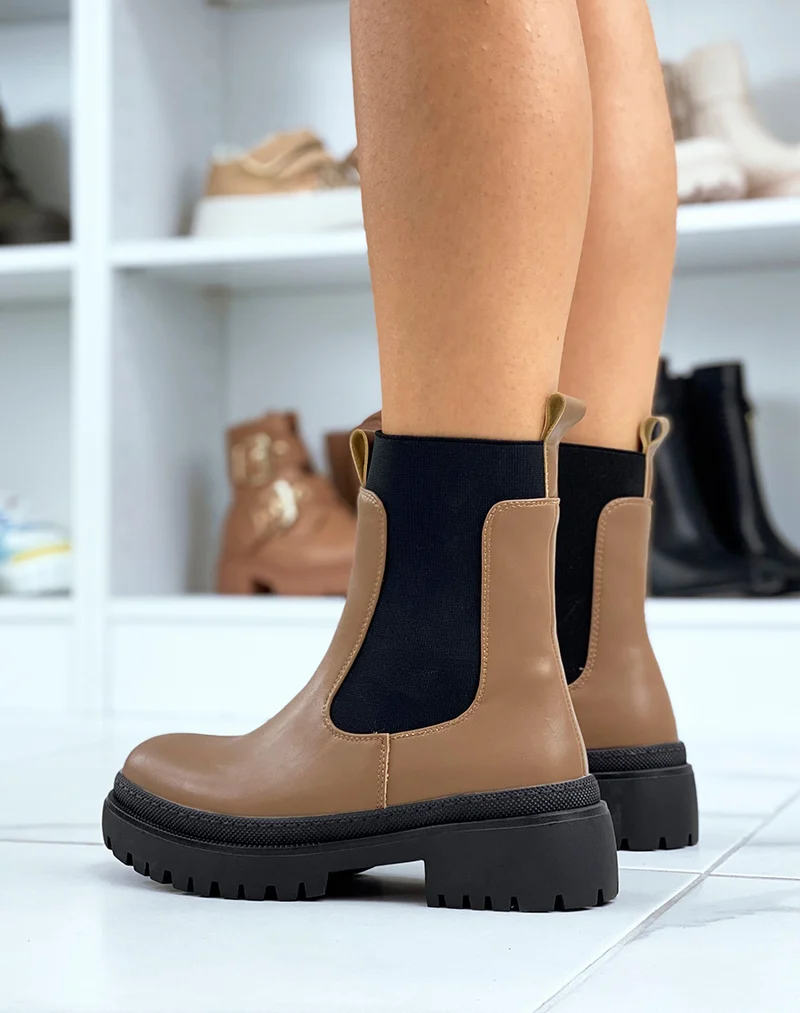 Bottines marron foncé style chelsea à élastique montant