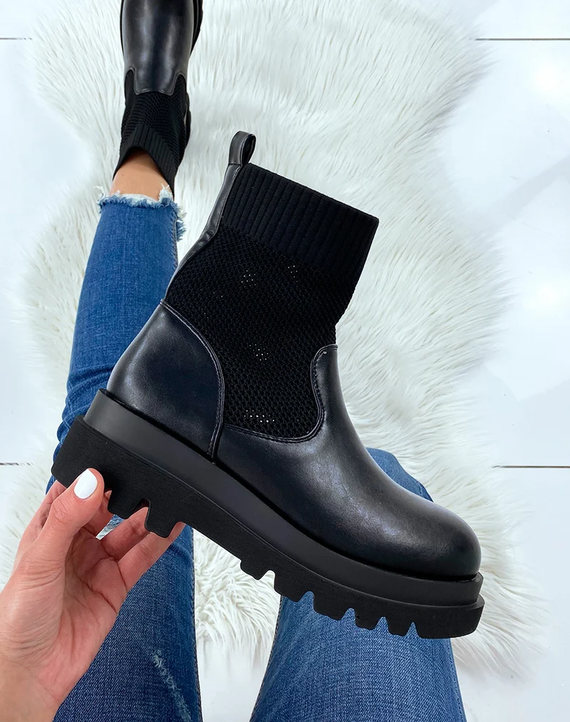 Bottines noires bi-matières chaussette
