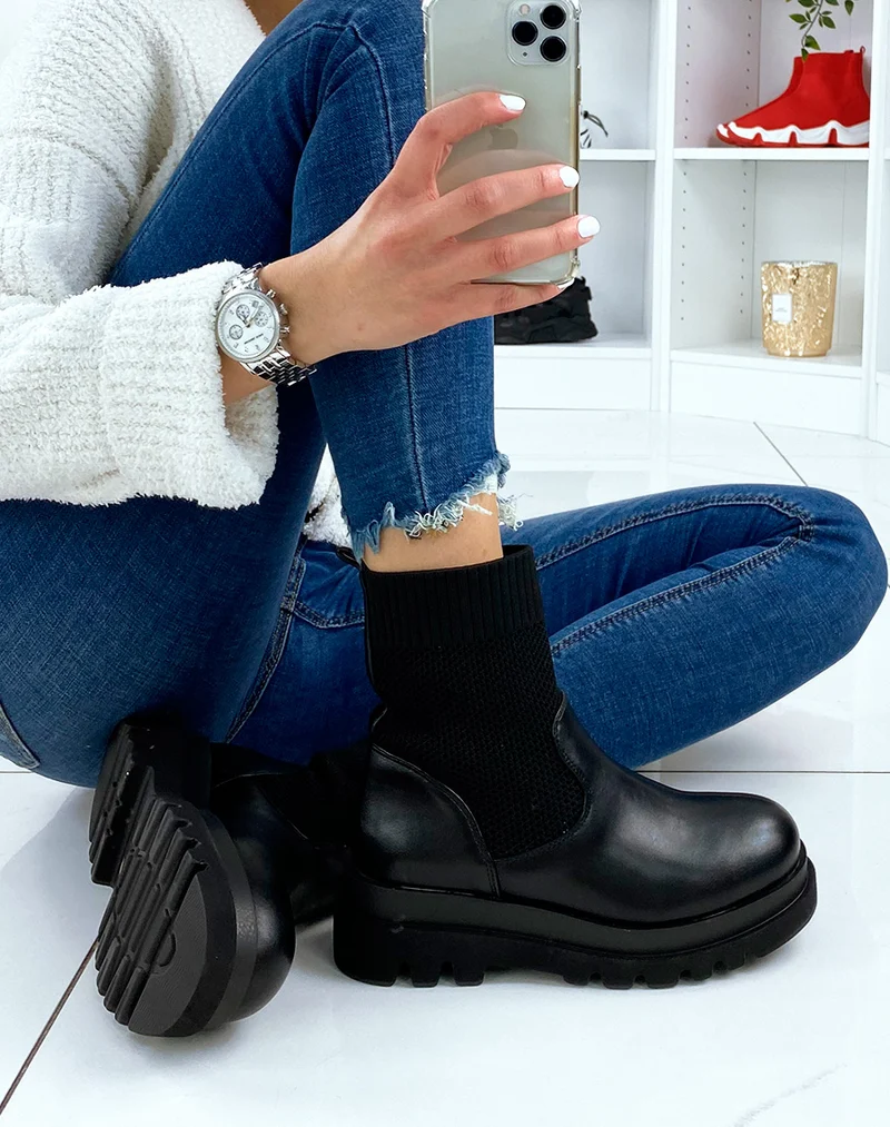 Bottines noires bi-matières chaussette