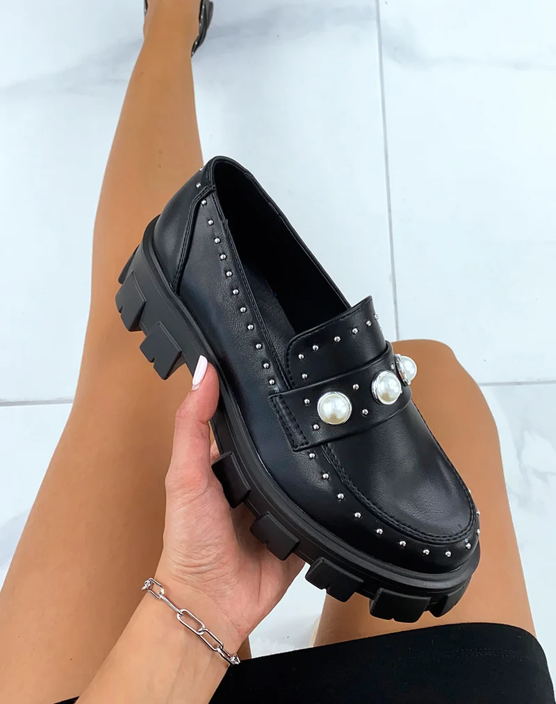 Mocassin noir perlé à grosse plateforme