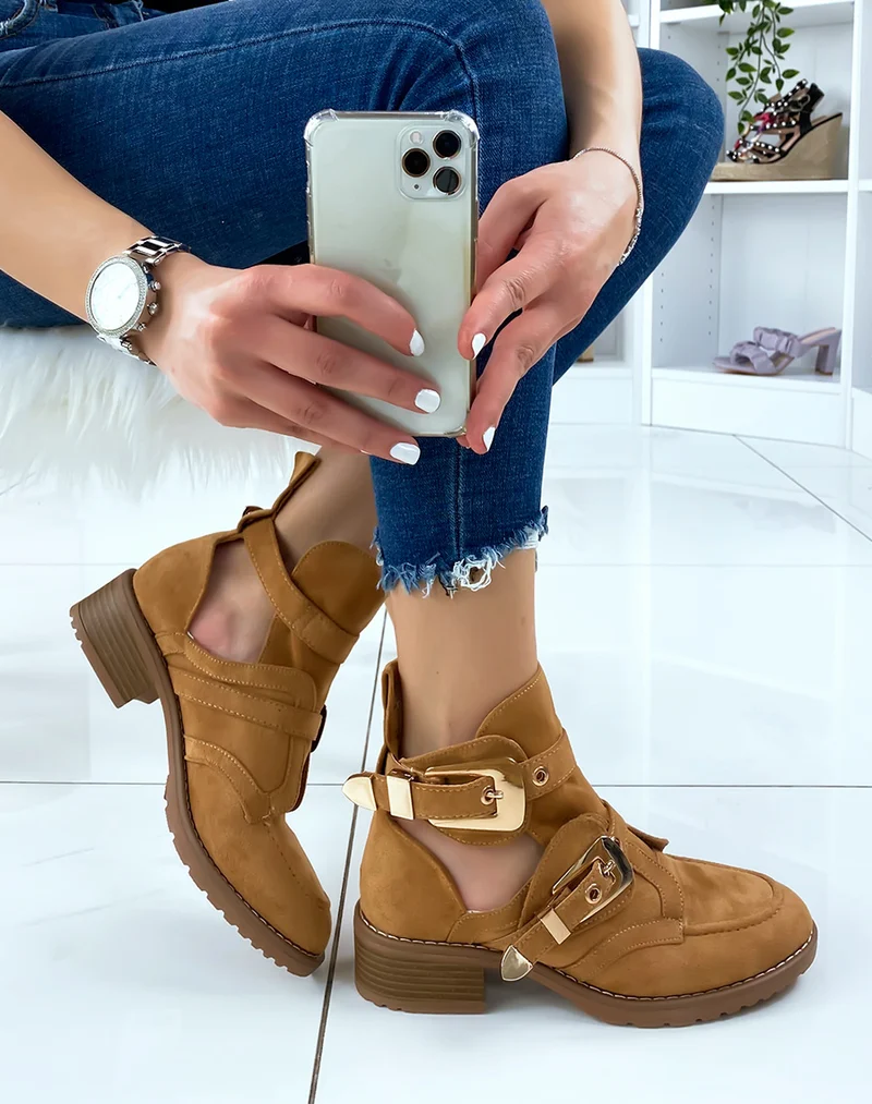 Bottines ouvertes camel en suédine