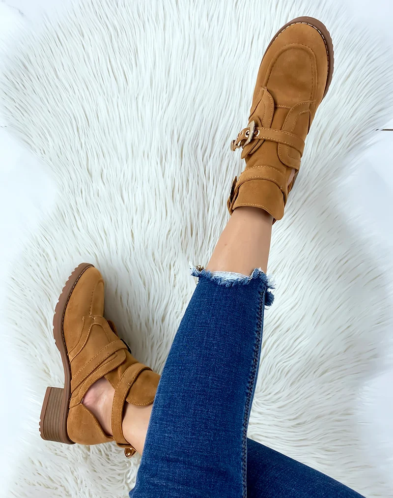 Bottines ouvertes camel en suédine