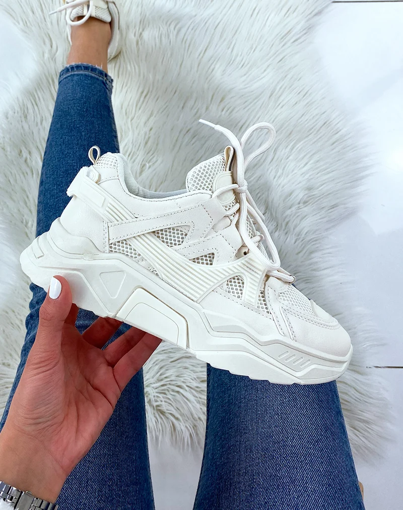 Baskets beiges bi-matière à plateforme XXL