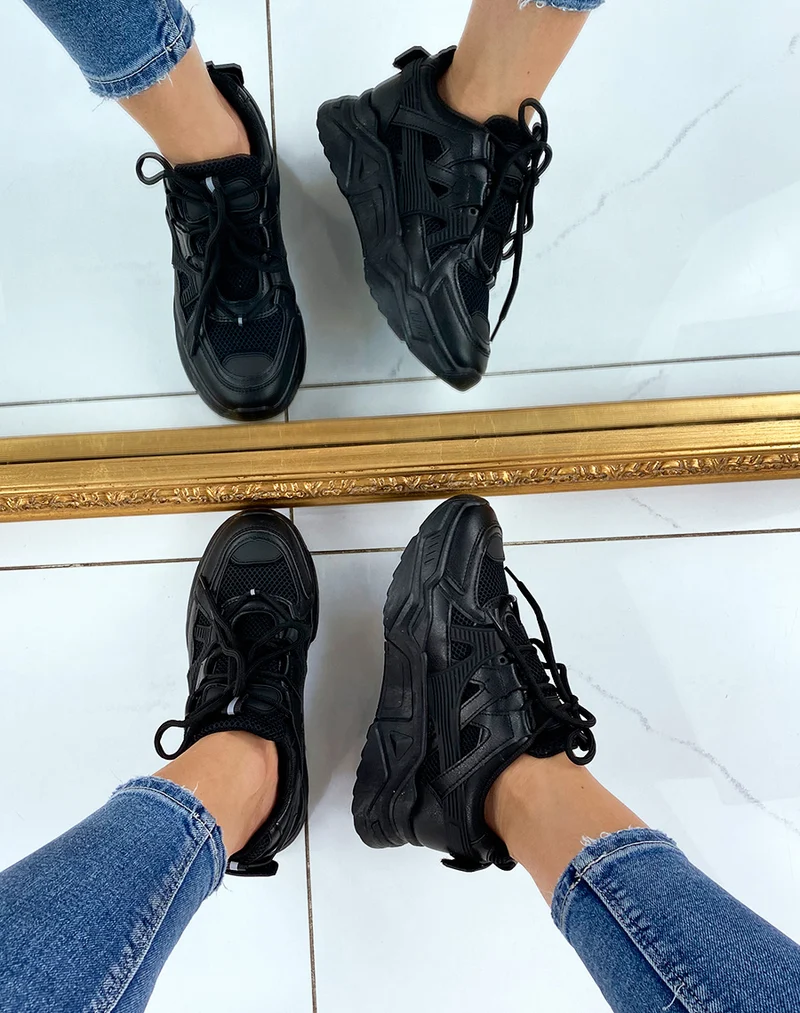 Baskets noires bi-matières à plateforme XXL
