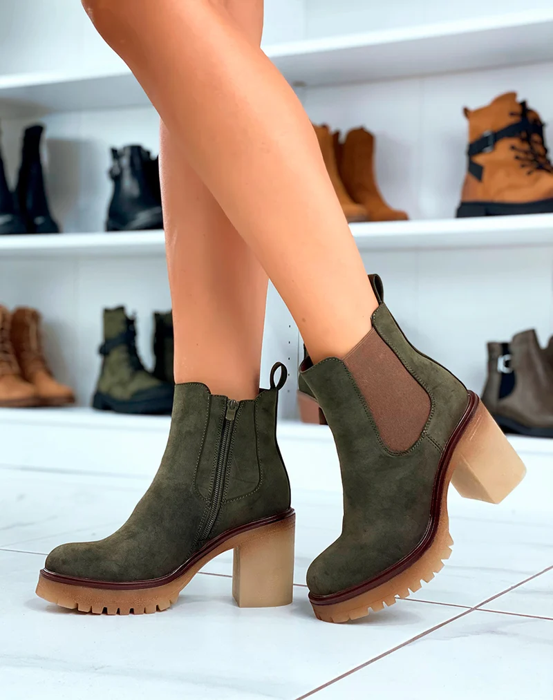 Audace Tendance : Bottines Kaki en Suédine avec Talon et Élastique Marron