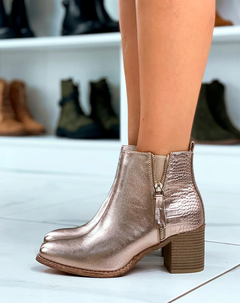 BOTTINES CHAMPAGNE ? TALON CARR? BI-MATI?RE EFFET CROCO