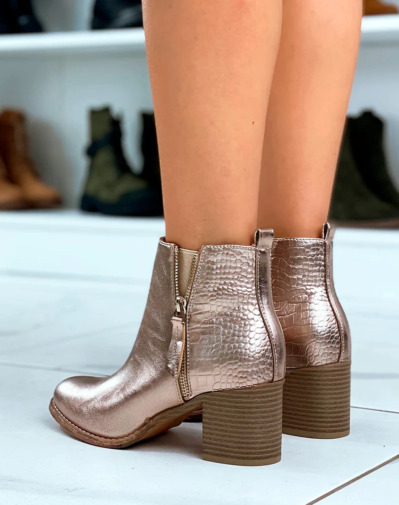 BOTTINES CHAMPAGNE ? TALON CARR? BI-MATI?RE EFFET CROCO
