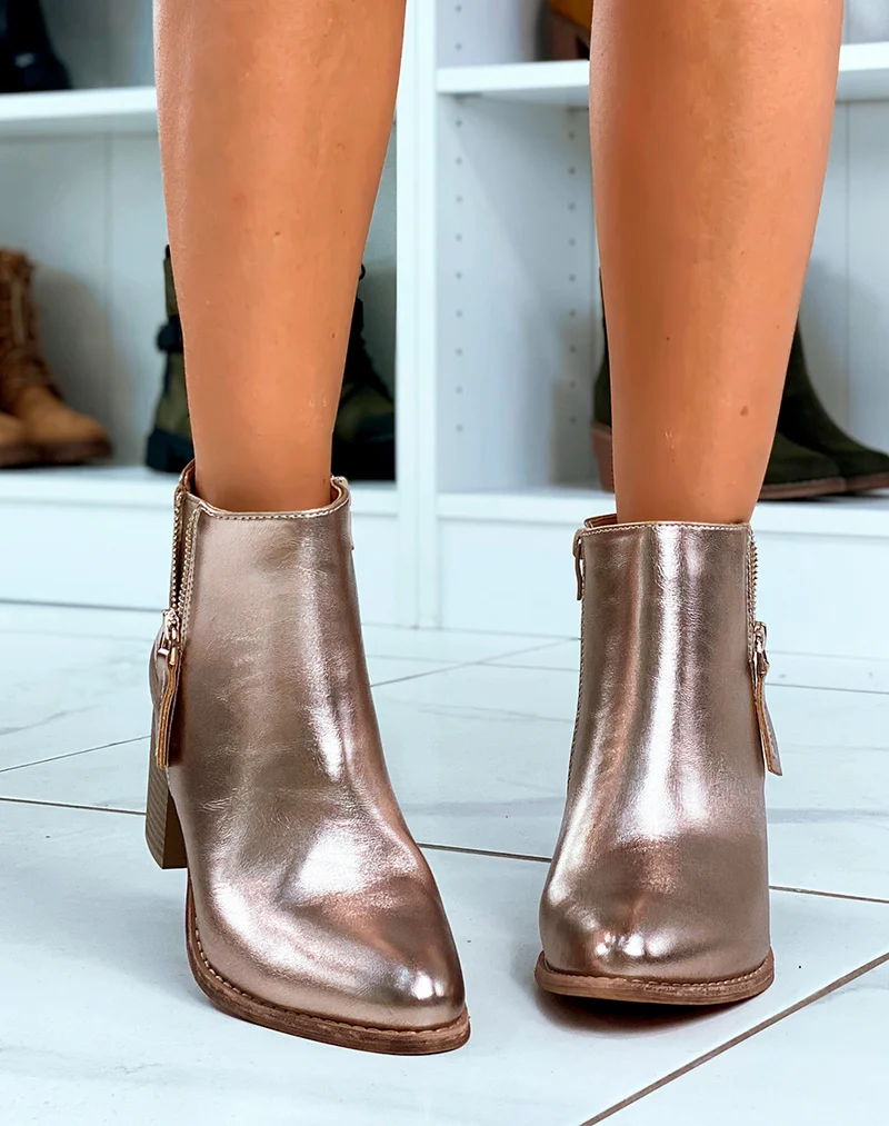 BOTTINES CHAMPAGNE ? TALON CARR? BI-MATI?RE EFFET CROCO