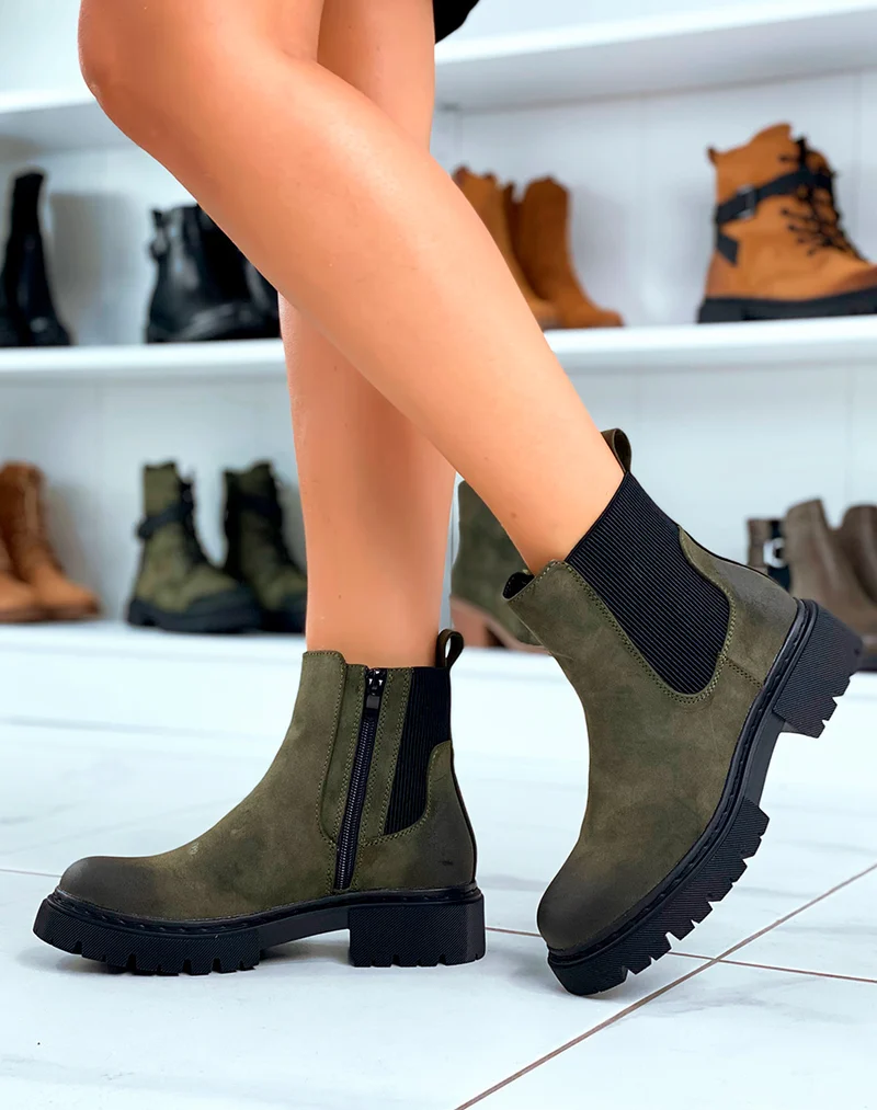 Bottines Chelsea Kaki en Suédine avec Semelle Crantée