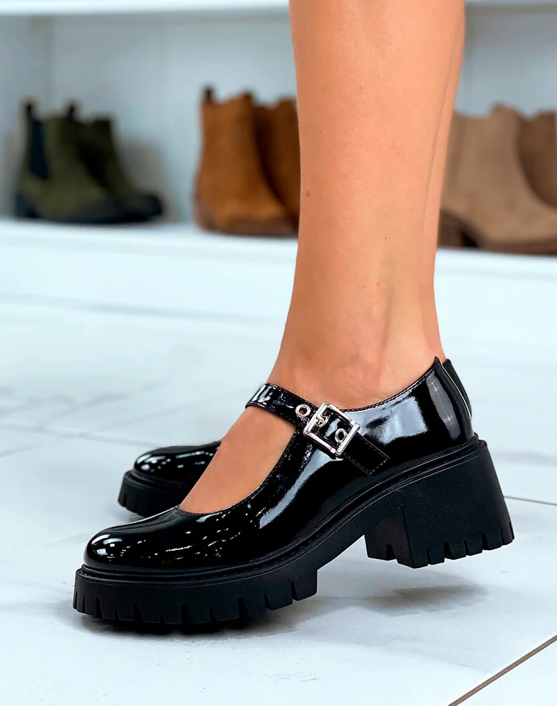 Mocassin ouvert noir verni avec bride ajustable pour Femmes