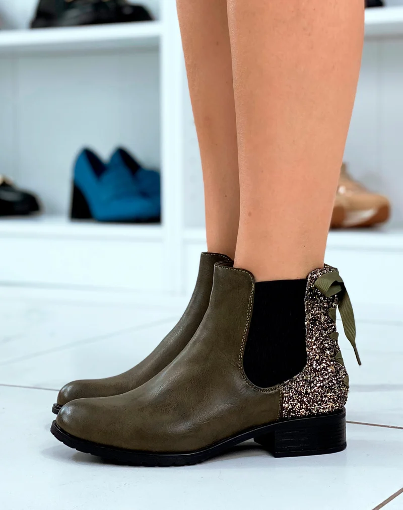 Bottines Femme Vert Kaki Pétillantes : Paillettes Nœud & Élasticité