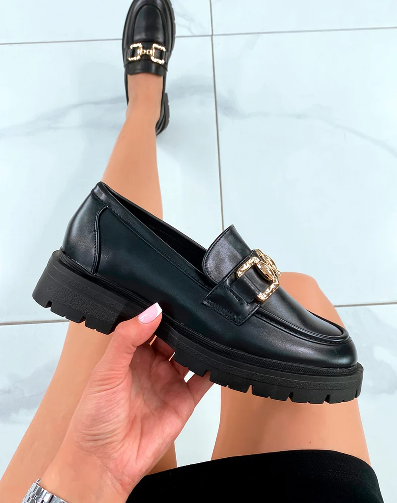 Mocassins noirs à plateforme pour femme avec détail doré