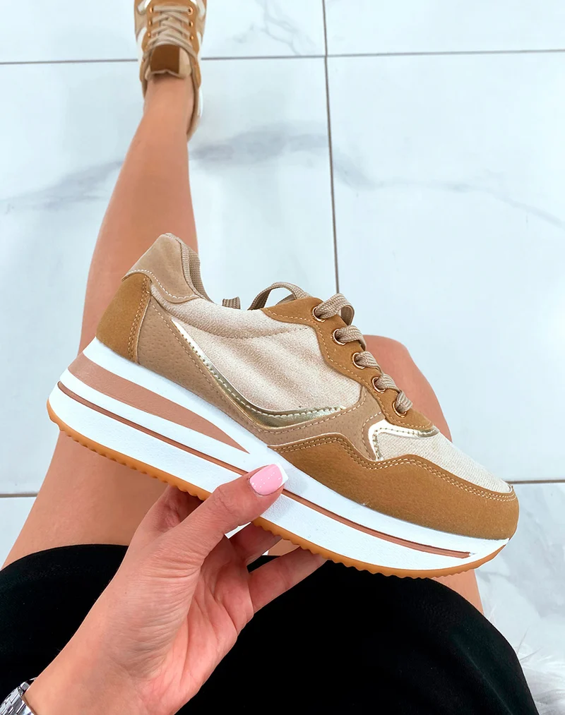 Baskets femme beige talonnade & empiècements 3D