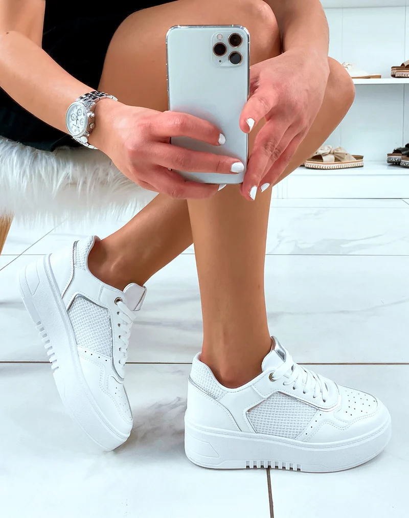 Baskets blanches avec empiècement en tweed