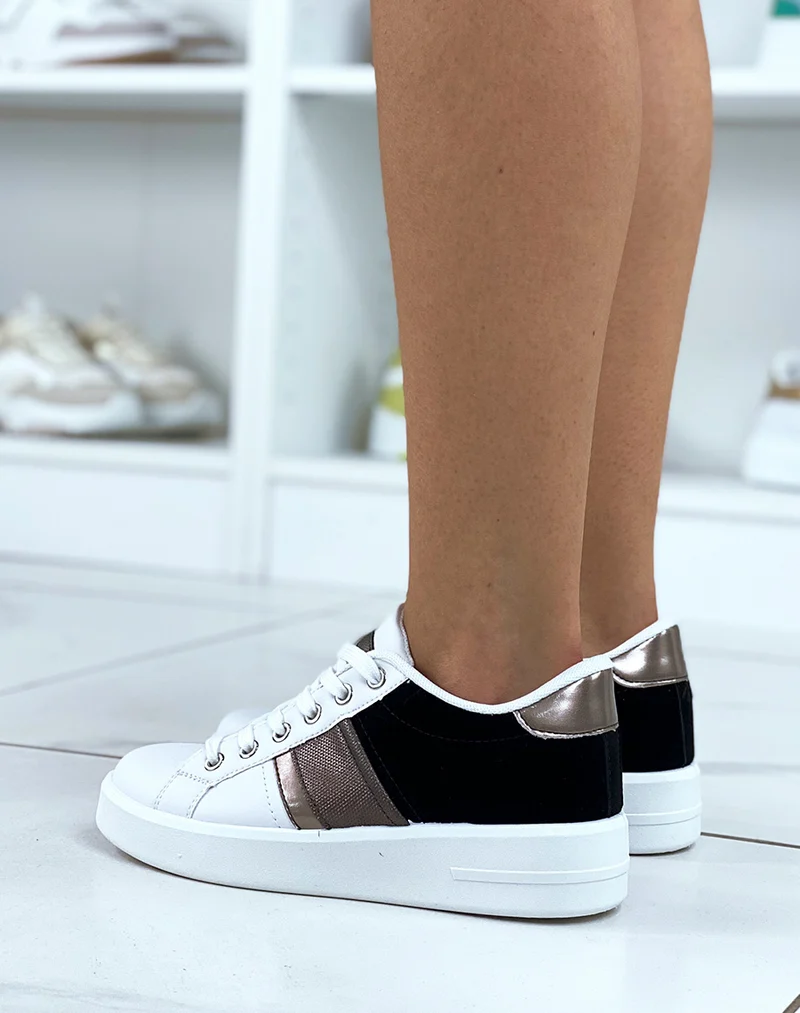 Baskets blanches et noires bi-matières