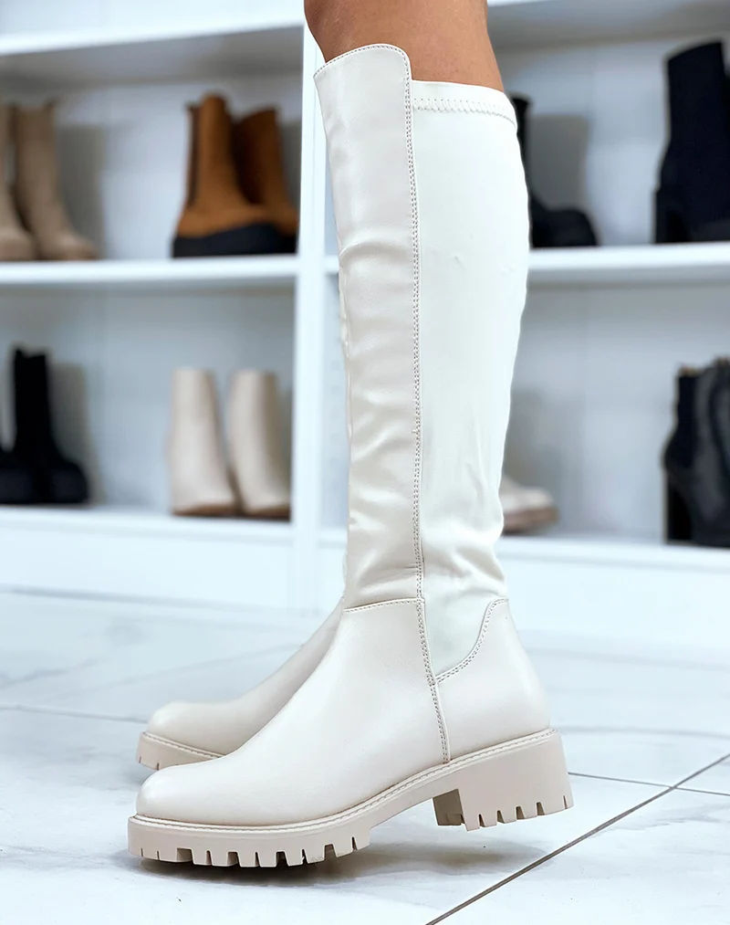 Bottes beiges cavalières en tissu