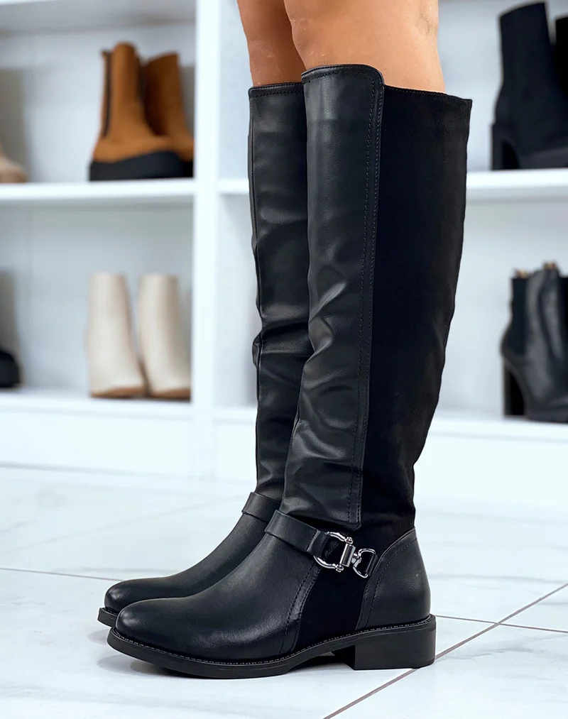 Bottes noires en suédine bi-matière avec boucle argentée