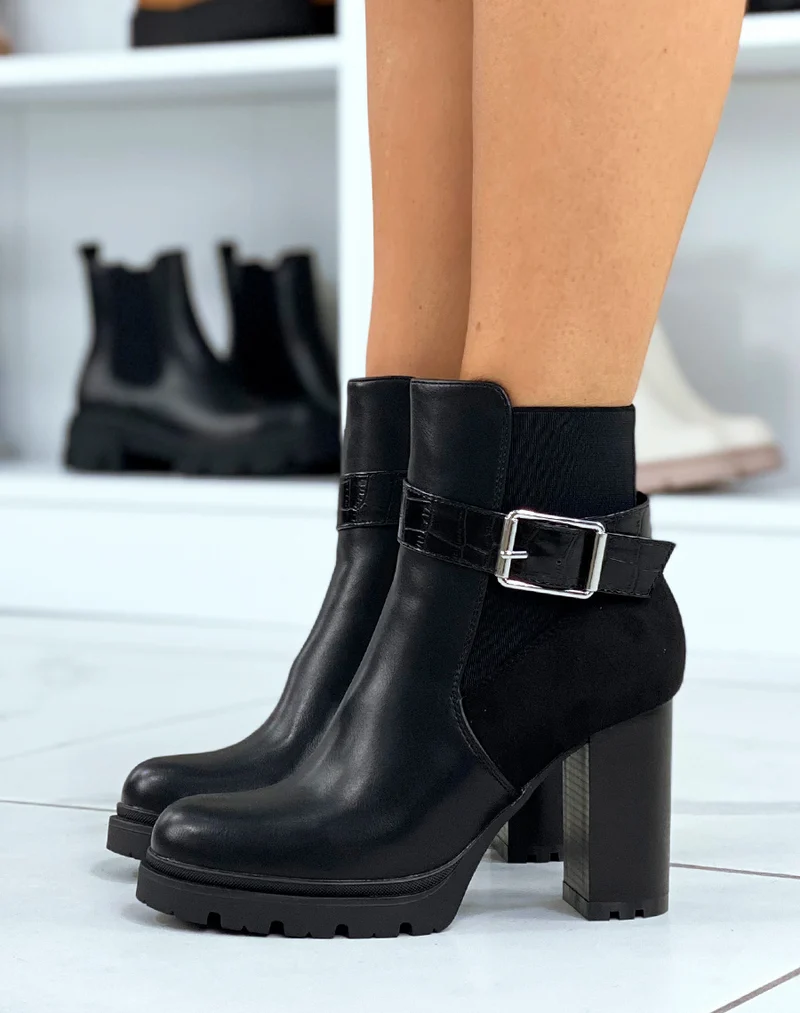 Bottines noires à talon cranté et élastique