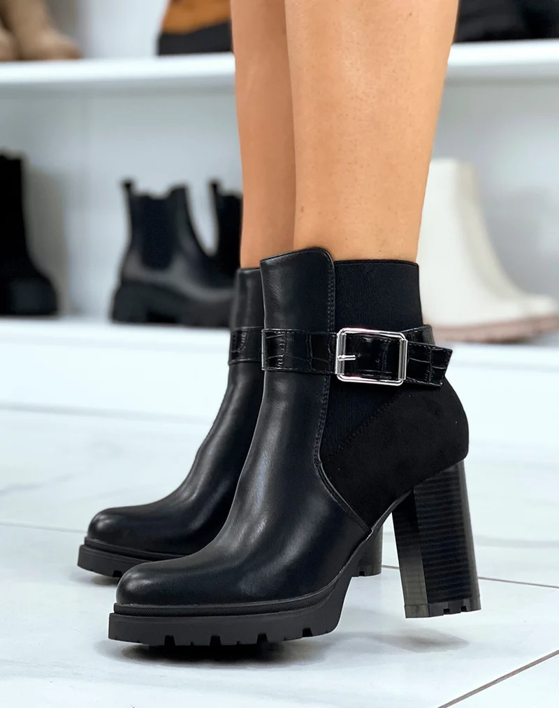 Bottines noires à talon cranté et élastique