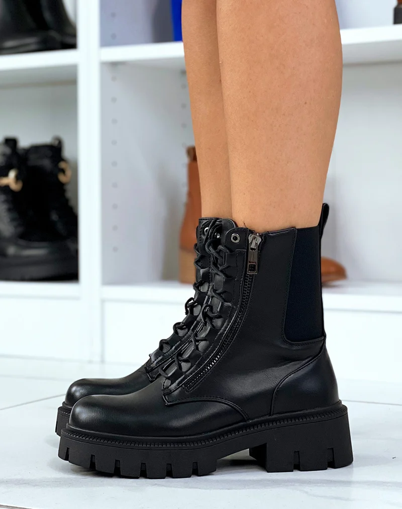 Bottines noires montantes à lacet et à zip
