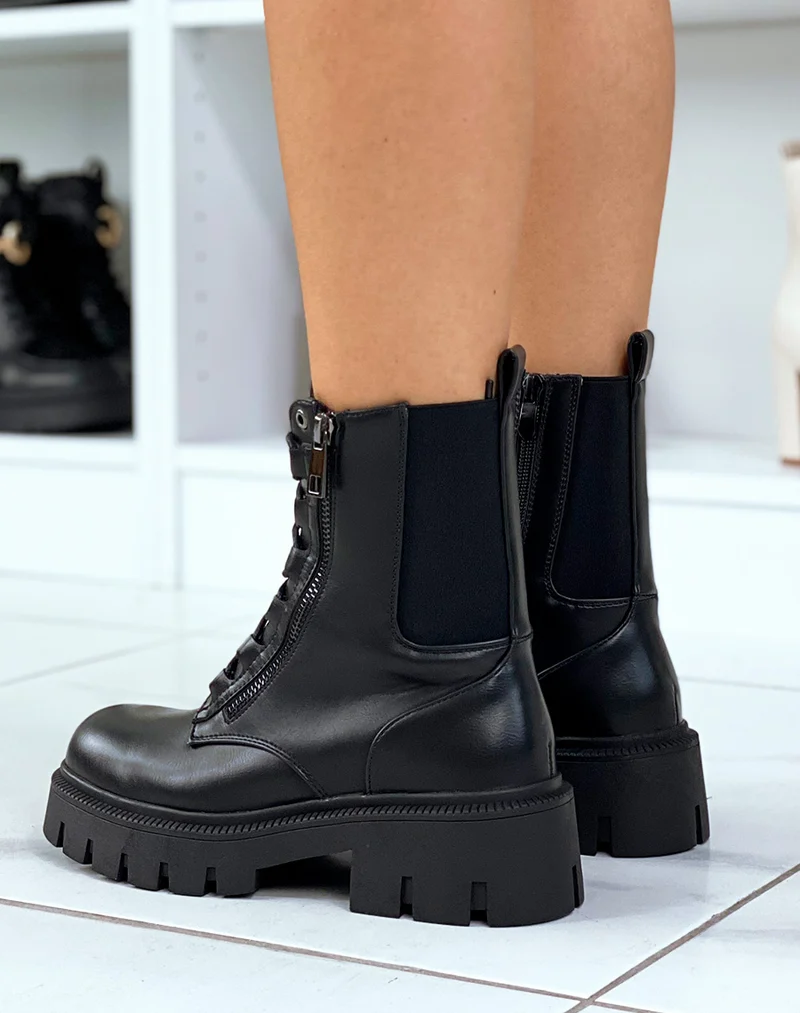 Bottines noires montantes à lacet et à zip