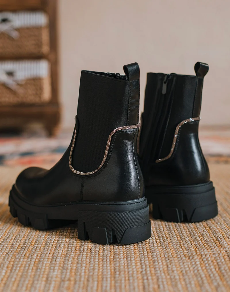 Bottines noires à élastique à couture à strass argentés