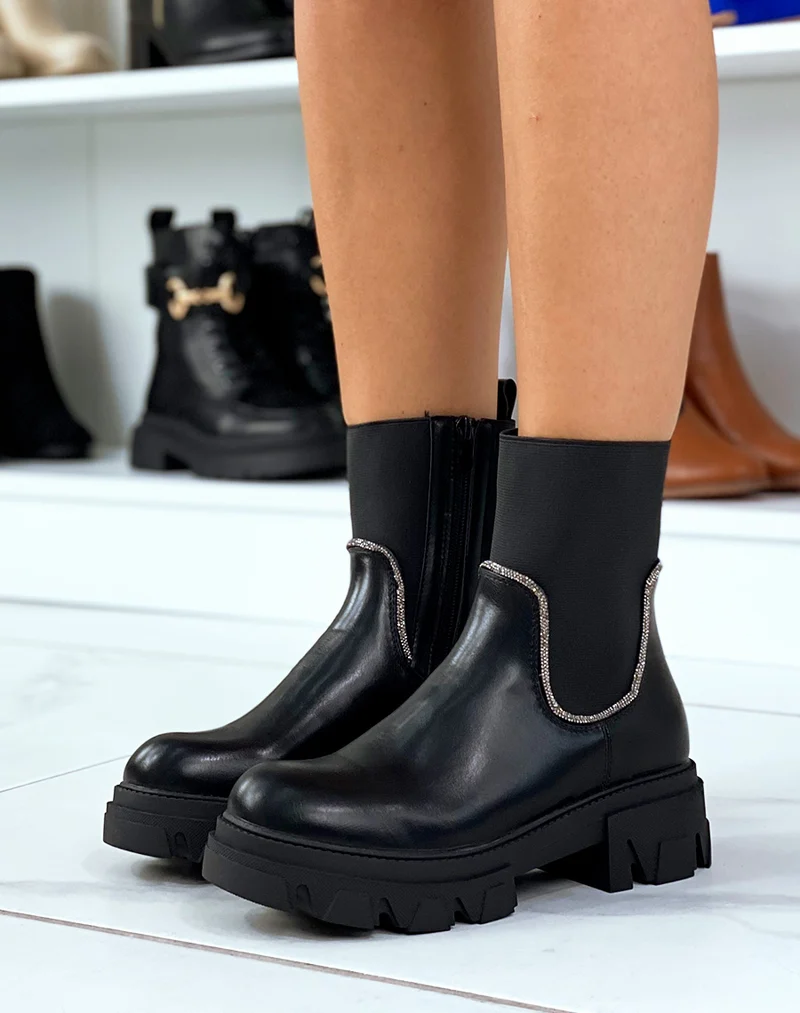 Bottines noires à élastique à couture à strass argentés